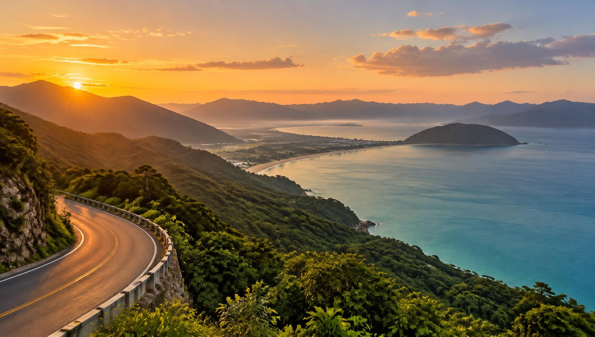 Hai Van Pass coastal road above Lang Co Bay at sunset, Central Vietnam